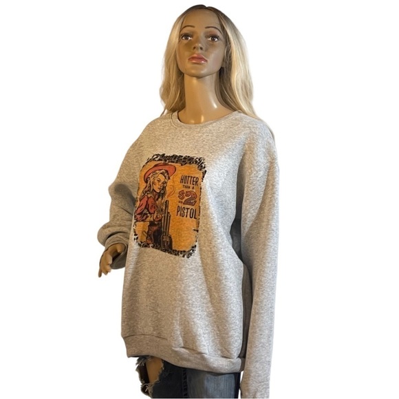 Hotter Than a $2 Pistol Retro Cowgirl Heather Gray Crewneck Sweatshirt - Picture 4 of 9